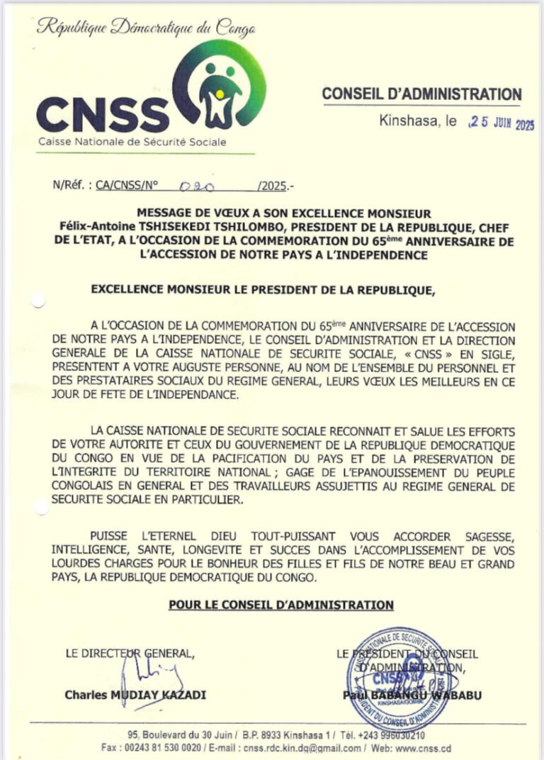 La CNSS adresse ses vœux à Félix Tshisekedi pour le 65e anniversaire de l’indépendance